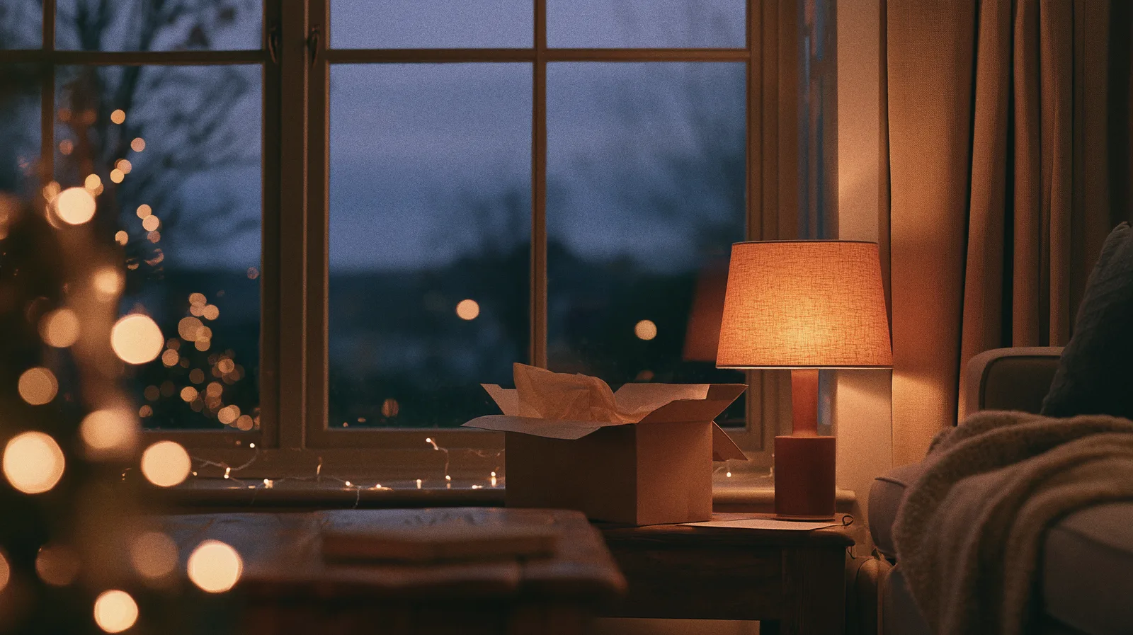 A living room at dusk: an opened parcel beside a lit lamp on a side table, fairy lights along the window sill.