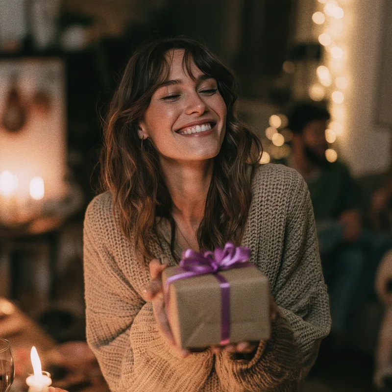 A smiling woman in a knitted jumper holding out a gift wrapped in brown paper and tied with a purple ribbon at a candlelit party with fairy lights