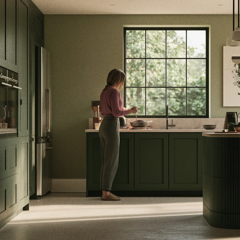 A woman in a mauve jumper cooking at the stone bench of a sage green kitchen in soft morning light, a steel fridge beside her