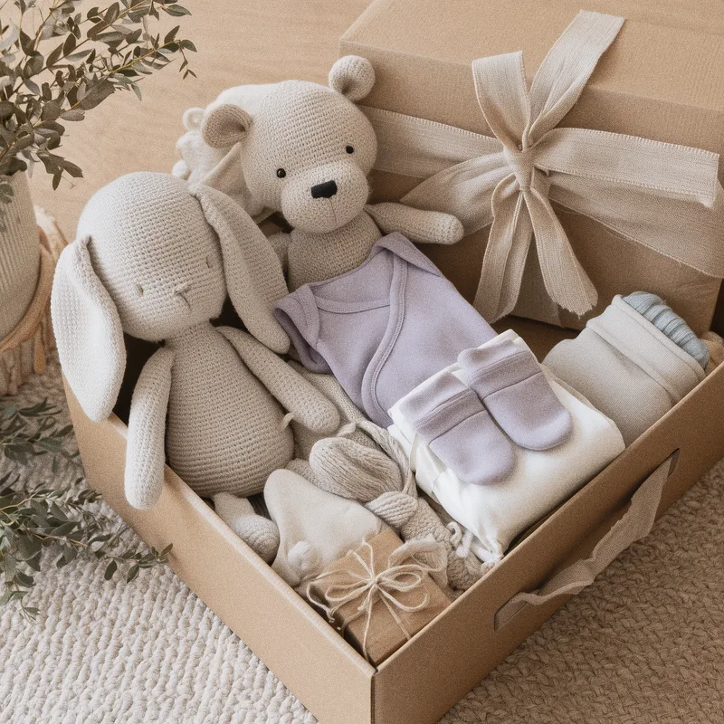 A gift box packed with a knitted bunny, a teddy bear, a lilac onesie and tiny lilac socks, beside a box tied with a linen bow