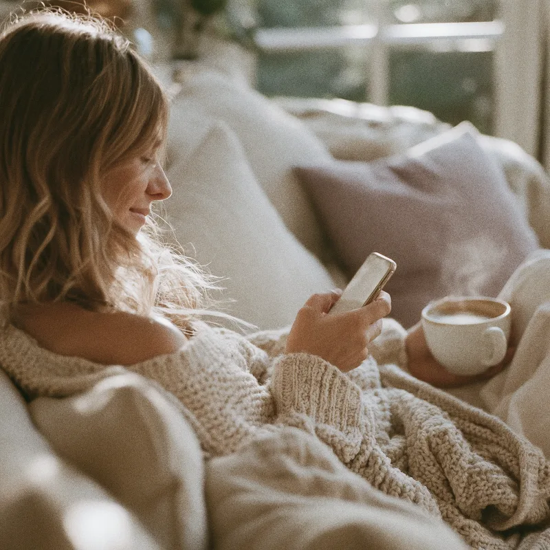A woman in a knit jumper on a sofa smiling at her phone, a coffee in her other hand