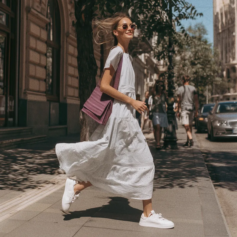 A woman in a white summer dress, sunglasses and white sneakers striding down a sunny city street with a plum woven bag