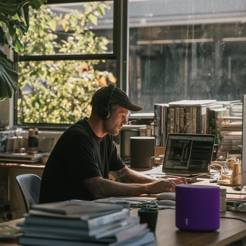 A man in over-ear headphones working at a sunlit desk with a laptop, a keyboard and two smart speakers, one of them purple