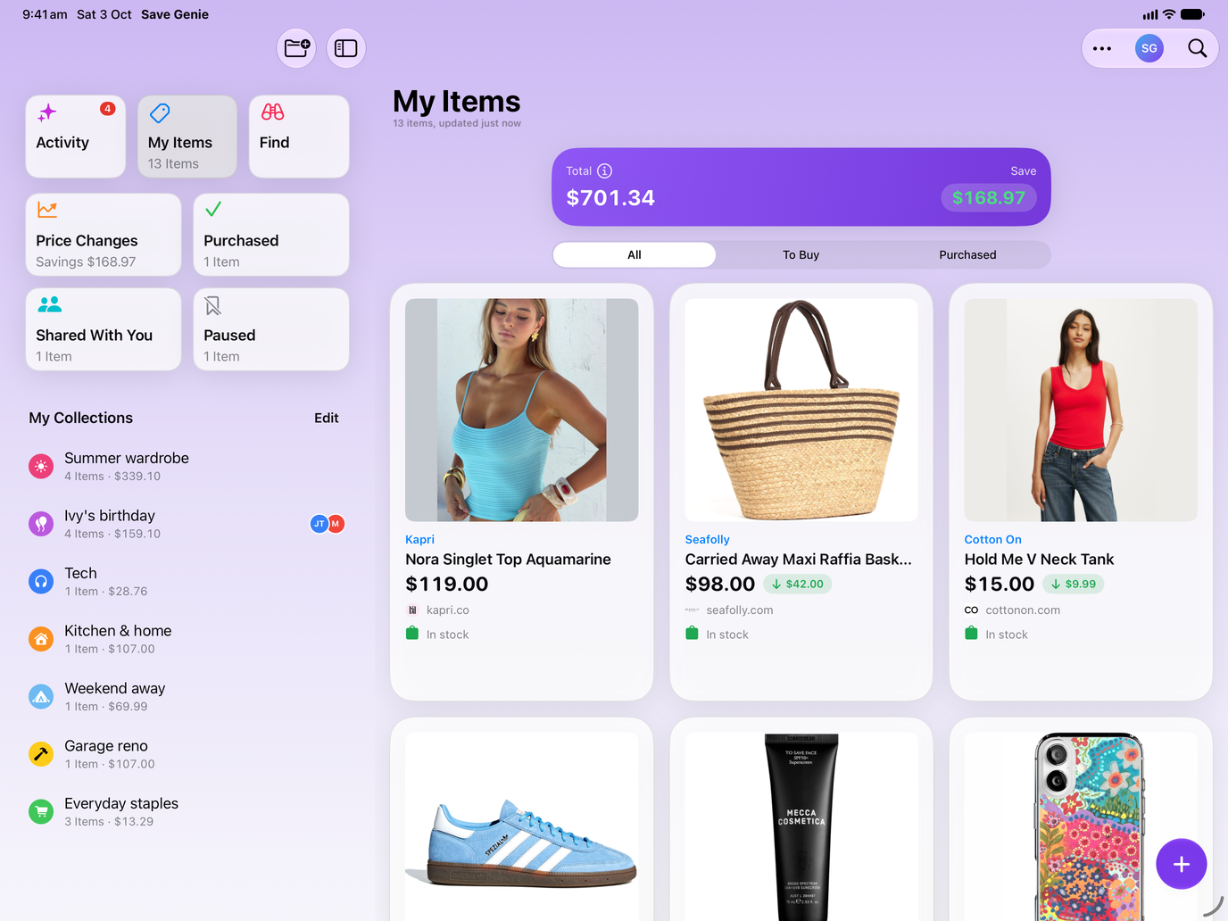 Save Genie's My Items on iPad, beside the sidebar of collections, with the running total and what's been saved