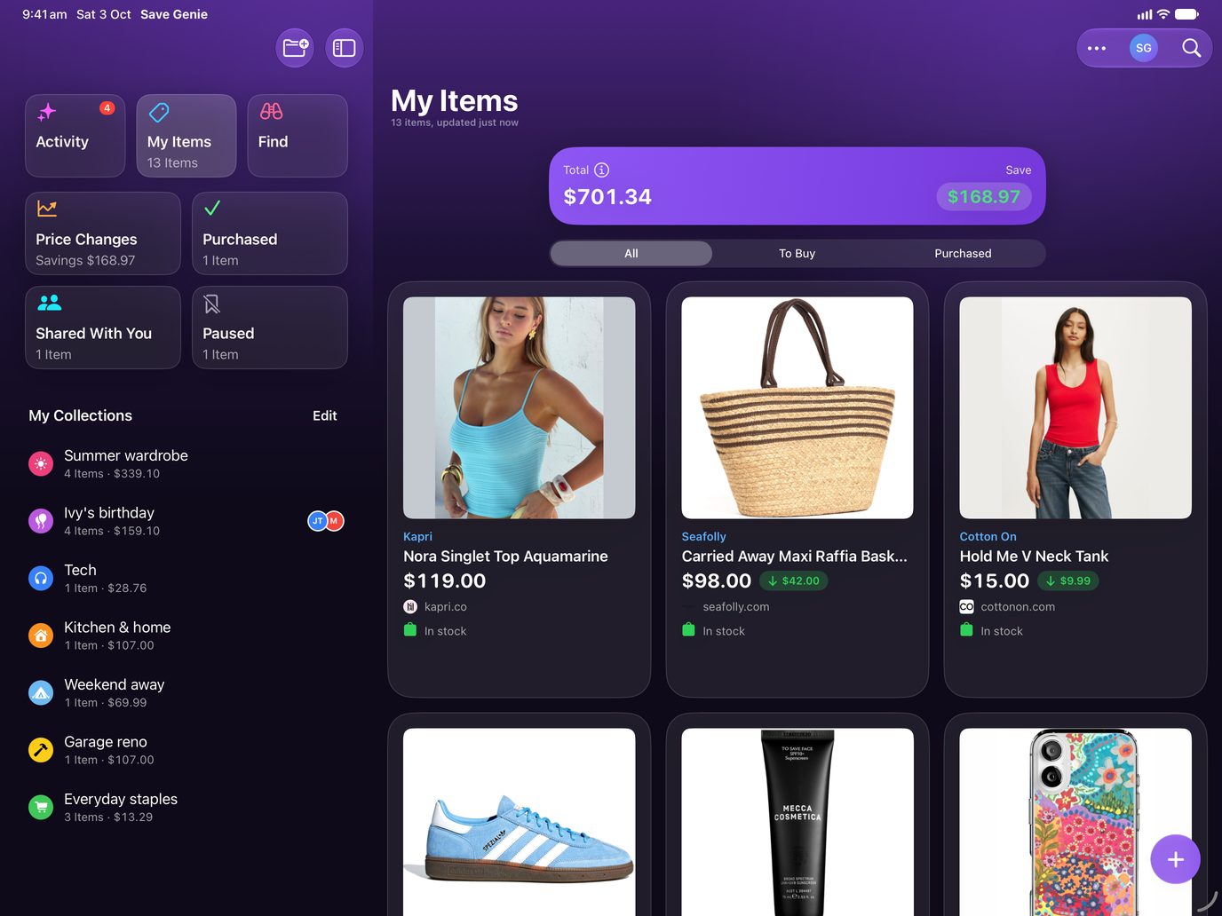 Save Genie's My Items on iPad, beside the sidebar of collections, with the running total and what's been saved