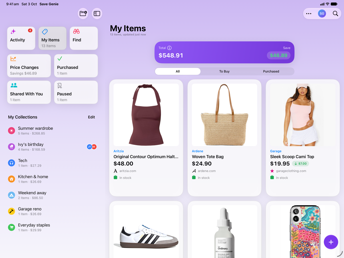 Save Genie's My Items on iPad, beside the sidebar of collections, with the running total and what's been saved