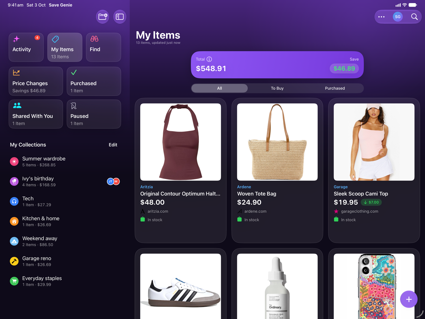 Save Genie's My Items on iPad, beside the sidebar of collections, with the running total and what's been saved