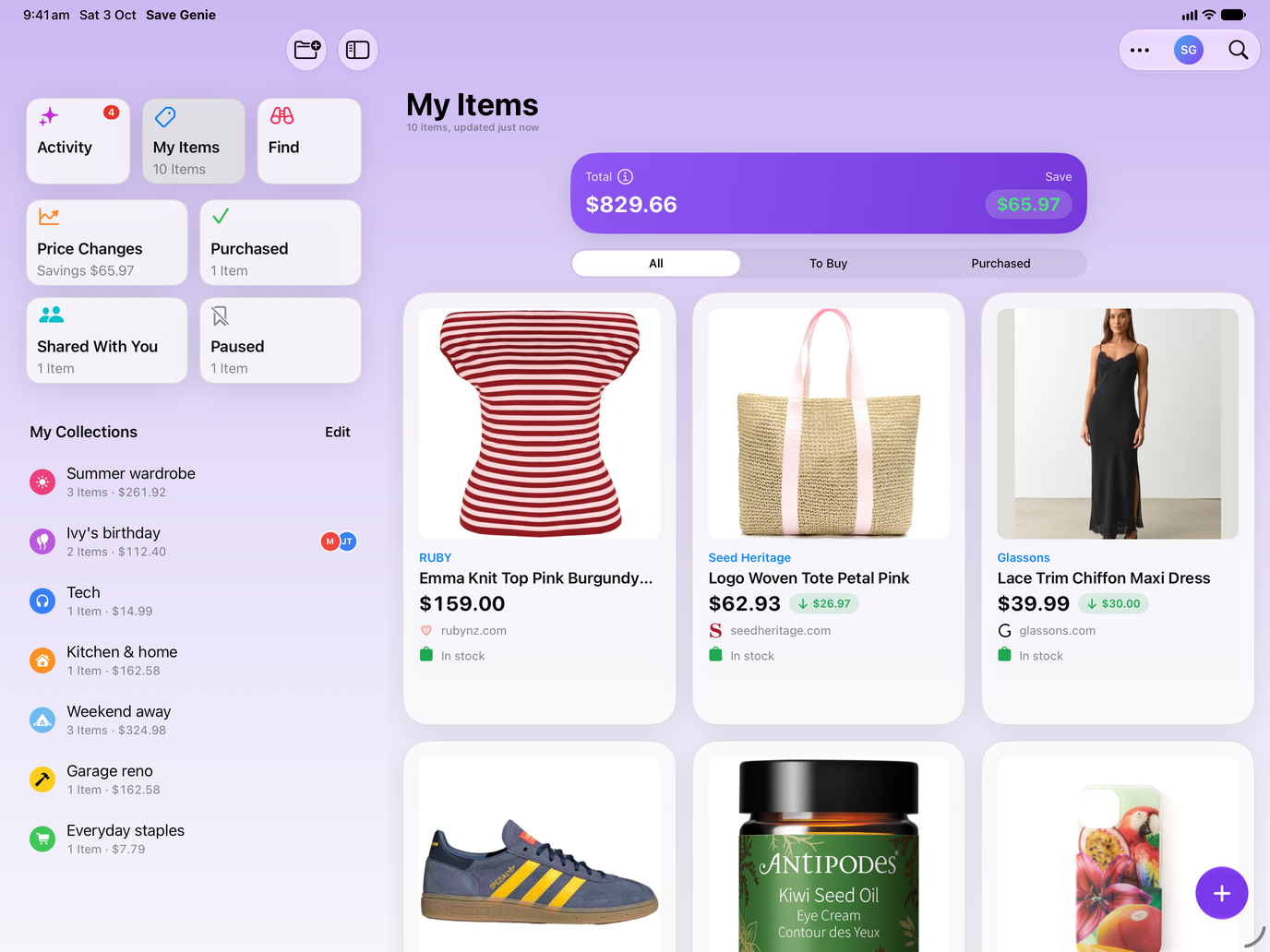 Save Genie's My Items on iPad, beside the sidebar of collections, with the running total and what's been saved
