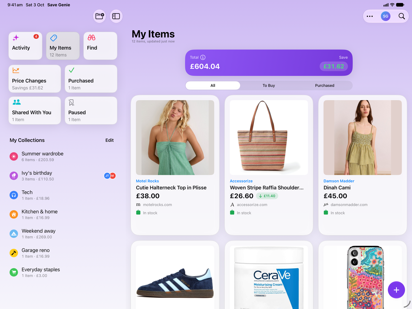 Save Genie's My Items on iPad, beside the sidebar of collections, with the running total and what's been saved