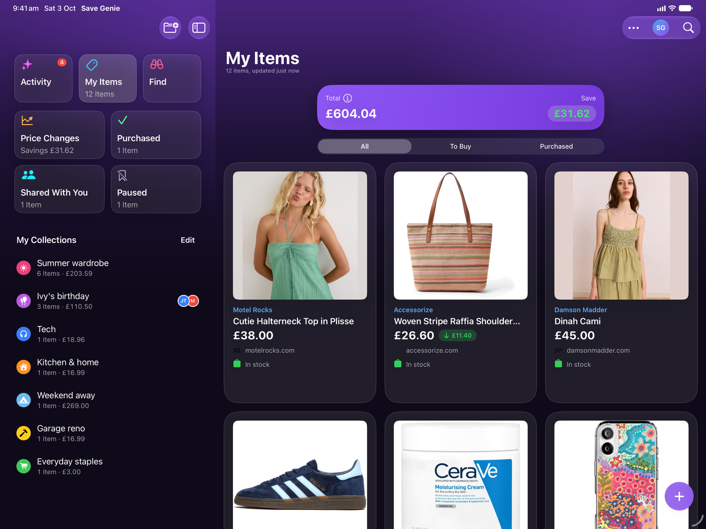 Save Genie's My Items on iPad, beside the sidebar of collections, with the running total and what's been saved