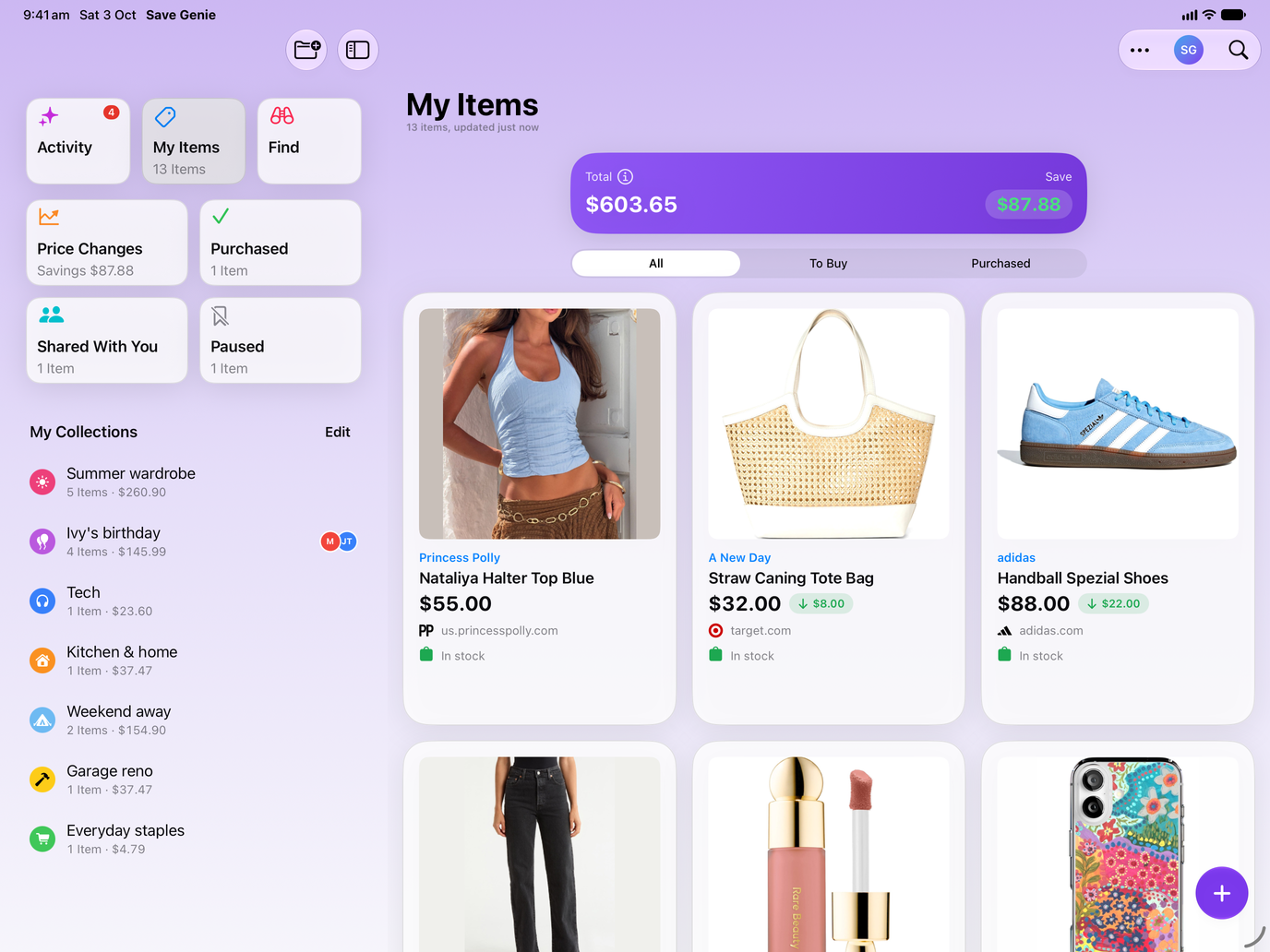 Save Genie's My Items on iPad, beside the sidebar of collections, with the running total and what's been saved