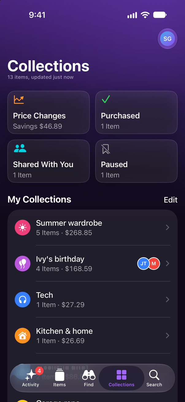 Save Genie's Collections screen on an iPhone: Price Changes, Purchased, Shared With You and Paused, then My Collections, starting with Summer wardrobe, Ivy's birthday, Tech and Kitchen & home, each with its item count and total