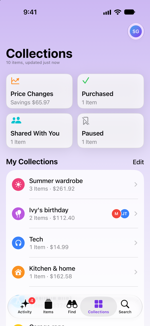 Save Genie's Collections screen on an iPhone: Price Changes, Purchased, Shared With You and Paused, then My Collections, starting with Summer wardrobe, Ivy's birthday, Tech and Kitchen & home, each with its item count and total