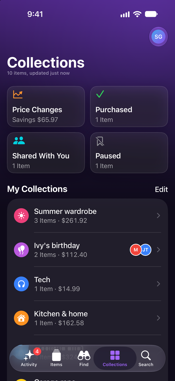 Save Genie's Collections screen on an iPhone: Price Changes, Purchased, Shared With You and Paused, then My Collections, starting with Summer wardrobe, Ivy's birthday, Tech and Kitchen & home, each with its item count and total