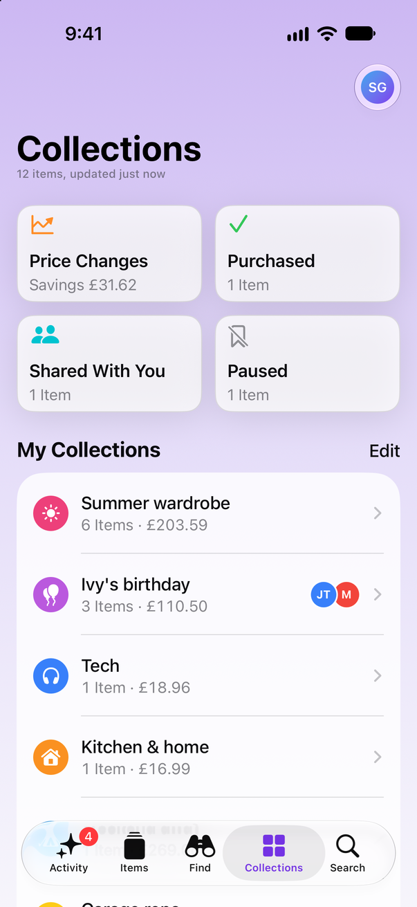 Save Genie's Collections screen on an iPhone: Price Changes, Purchased, Shared With You and Paused, then My Collections, starting with Summer wardrobe, Ivy's birthday, Tech and Kitchen & home, each with its item count and total