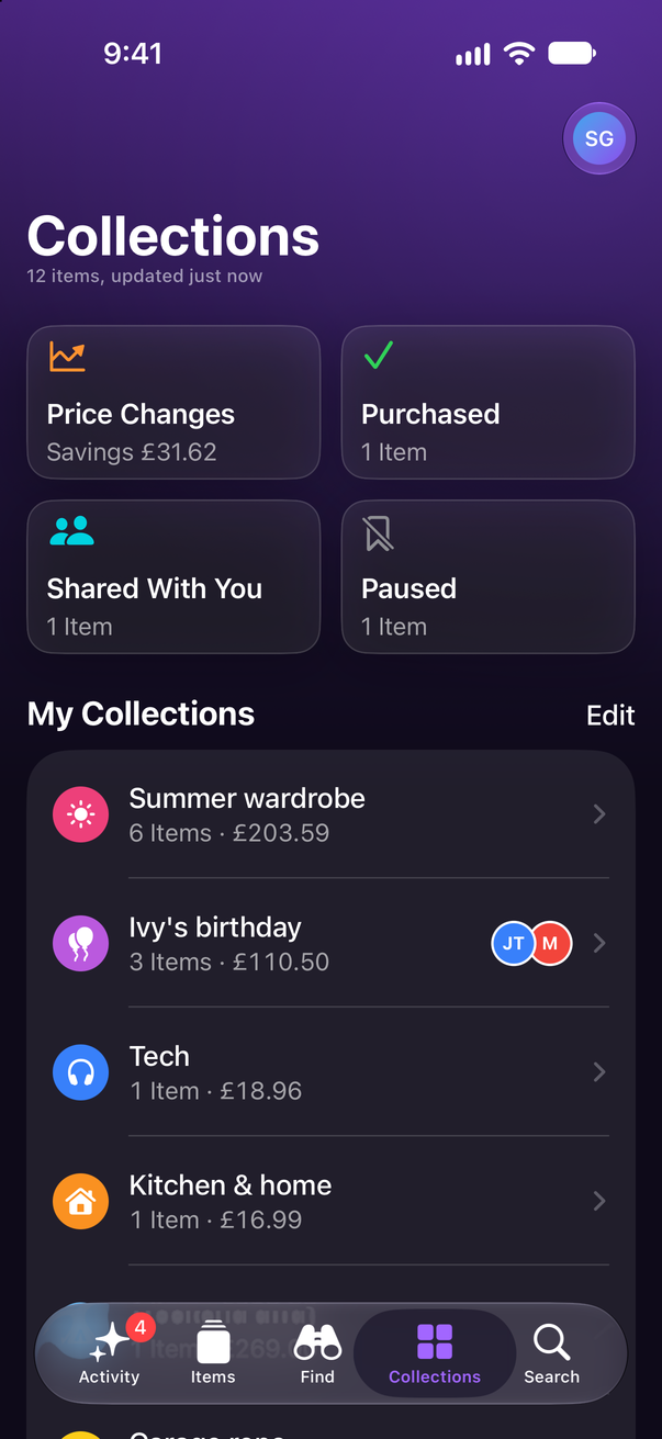 Save Genie's Collections screen on an iPhone: Price Changes, Purchased, Shared With You and Paused, then My Collections, starting with Summer wardrobe, Ivy's birthday, Tech and Kitchen & home, each with its item count and total