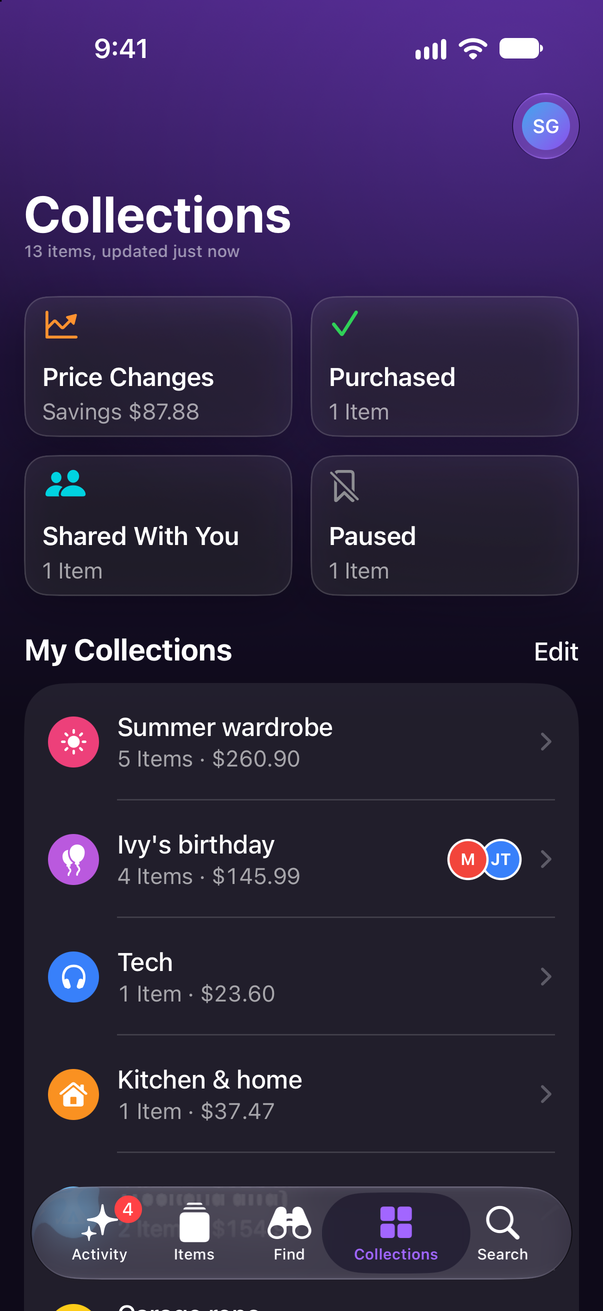 Save Genie's Collections screen on an iPhone: Price Changes, Purchased, Shared With You and Paused, then My Collections, starting with Summer wardrobe, Ivy's birthday, Tech and Kitchen & home, each with its item count and total