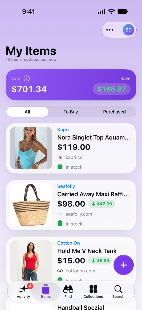 Save Genie's My Items on iPhone, with the running total and what's been saved