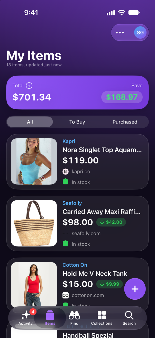 Save Genie's My Items on iPhone, with the running total and what's been saved