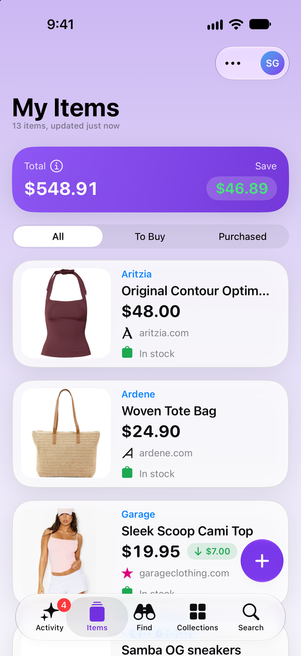 Save Genie's My Items on iPhone, with the running total and what's been saved