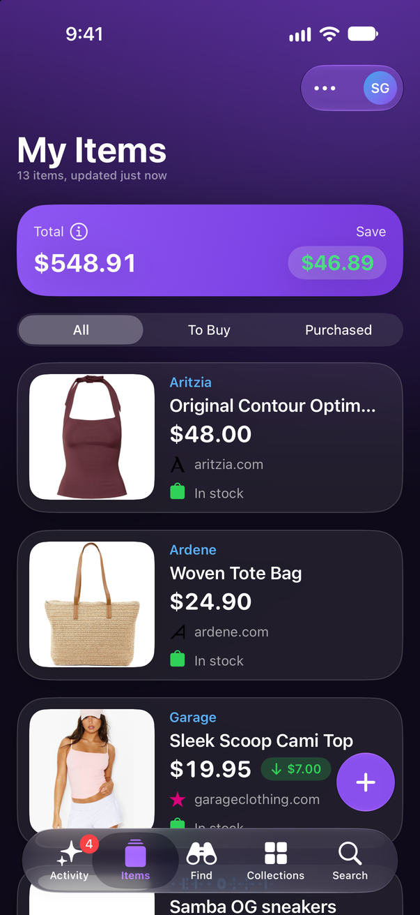 Save Genie's My Items on iPhone, with the running total and what's been saved