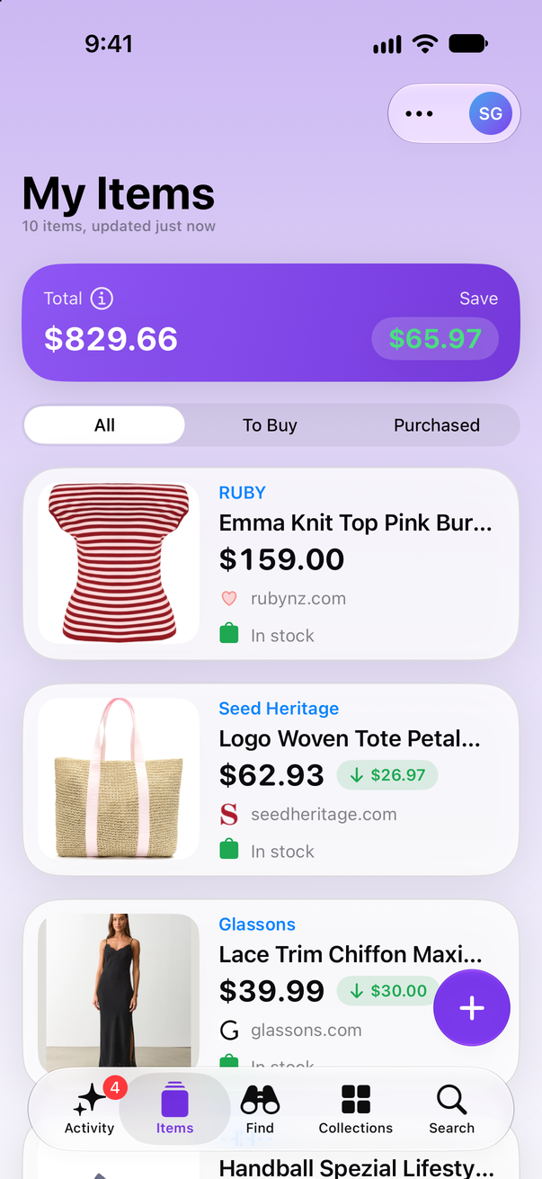 Save Genie's My Items on iPhone, with the running total and what's been saved