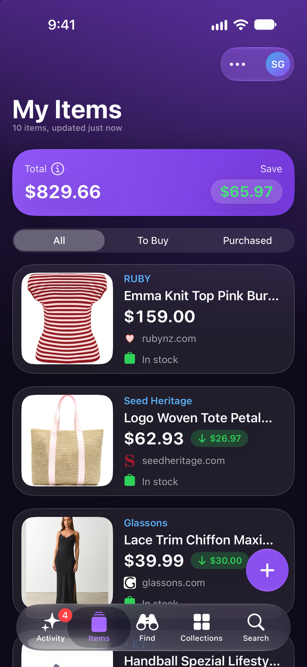 Save Genie's My Items on iPhone, with the running total and what's been saved