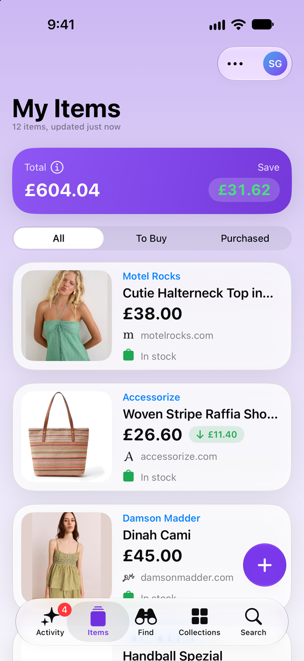 Save Genie's My Items on iPhone, with the running total and what's been saved