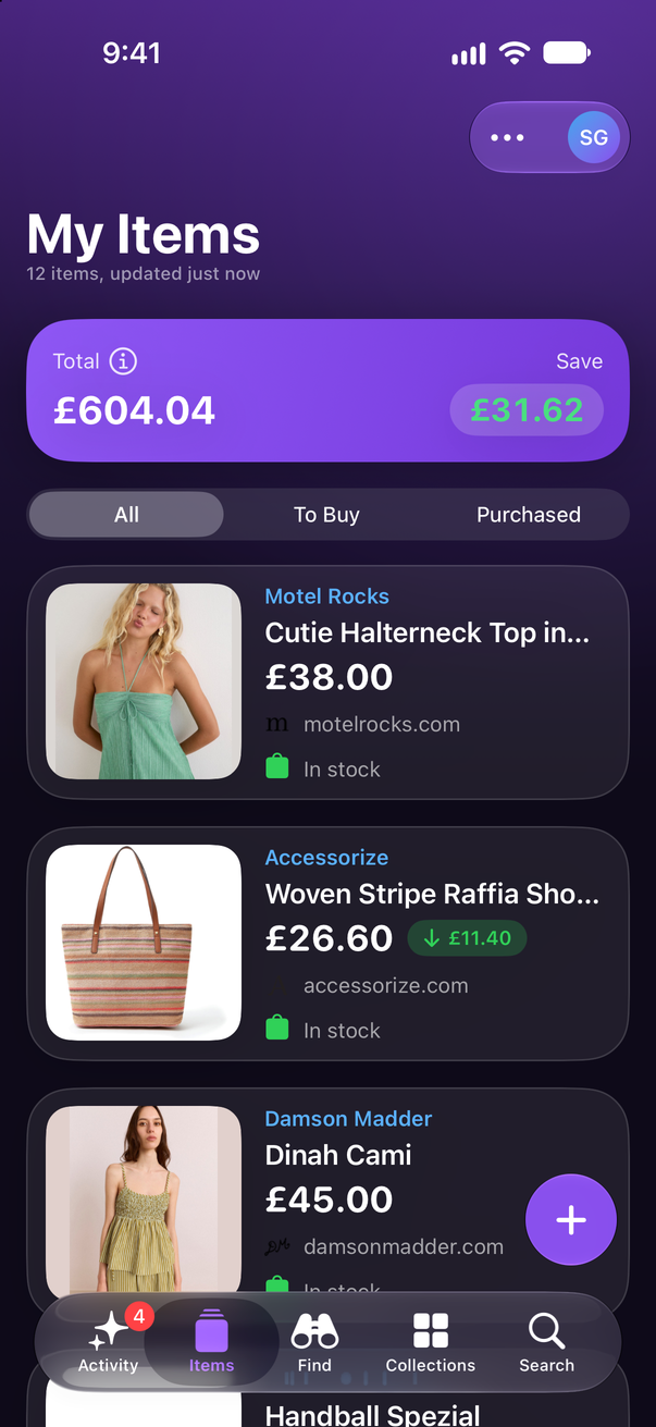 Save Genie's My Items on iPhone, with the running total and what's been saved