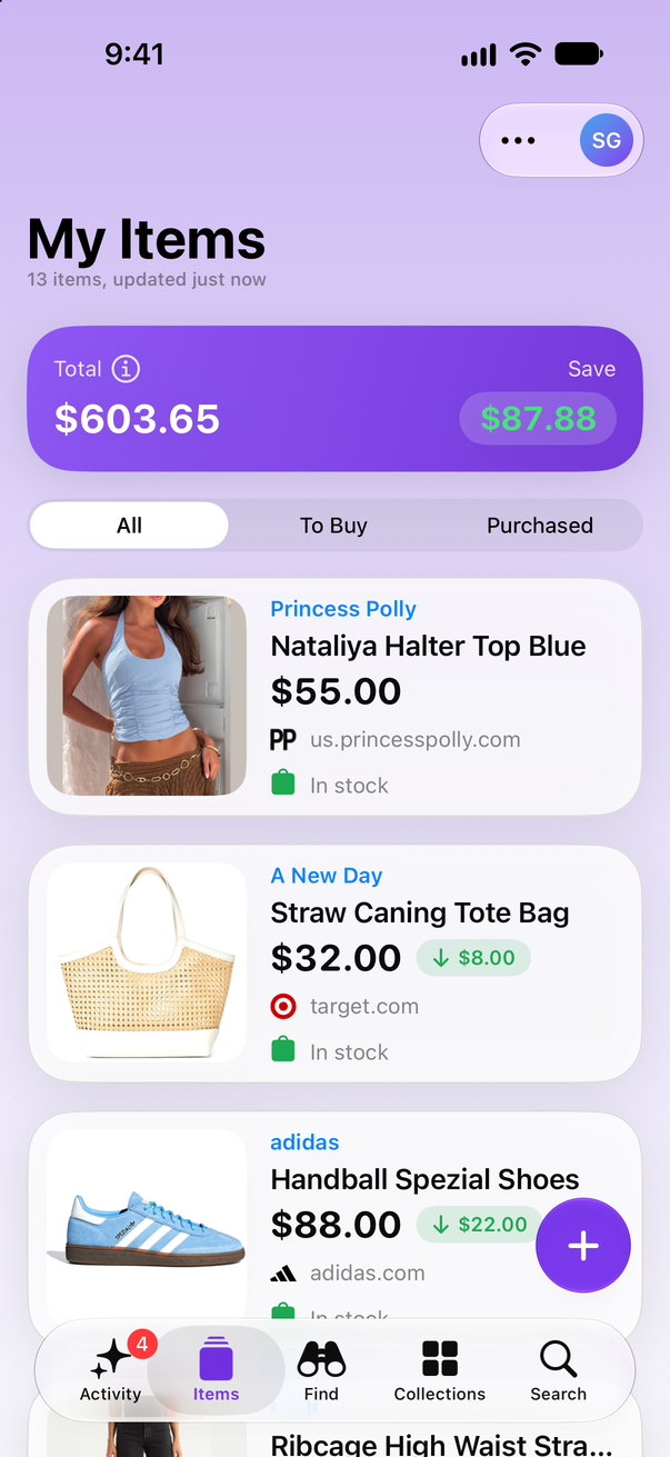 Save Genie's My Items on iPhone, with the running total and what's been saved