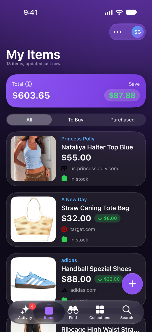 Save Genie's My Items on iPhone, with the running total and what's been saved