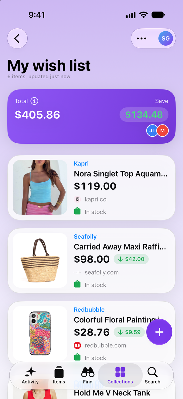 A wish list in Save Genie on iPhone, shared with two people: a Kapri singlet top and a Seafolly raffia basket bag, with $134.48 saved so far