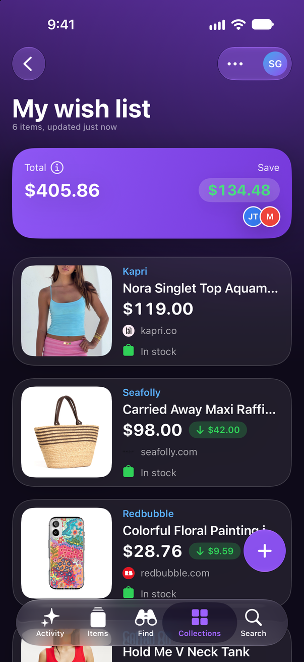 A wish list in Save Genie on iPhone, shared with two people: a Kapri singlet top and a Seafolly raffia basket bag, with $134.48 saved so far