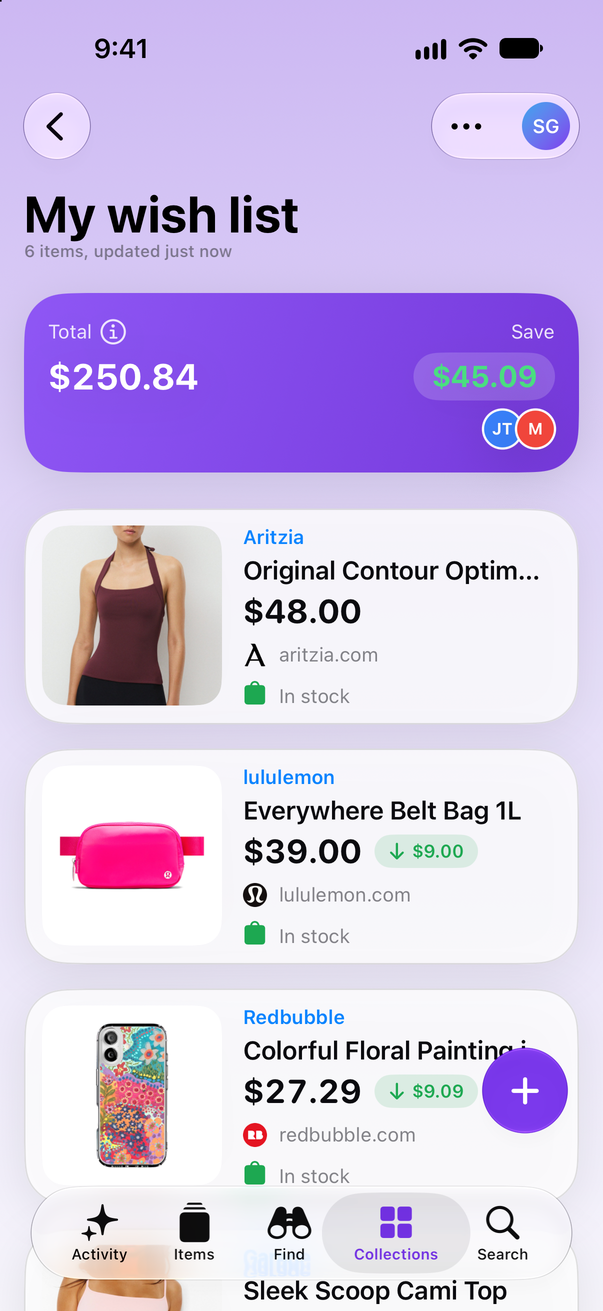 A wish list in Save Genie on iPhone, shared with two people: an Aritzia halter top and a lululemon belt bag, with $45.09 saved so far