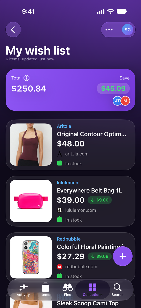 A wish list in Save Genie on iPhone, shared with two people: an Aritzia halter top and a lululemon belt bag, with $45.09 saved so far