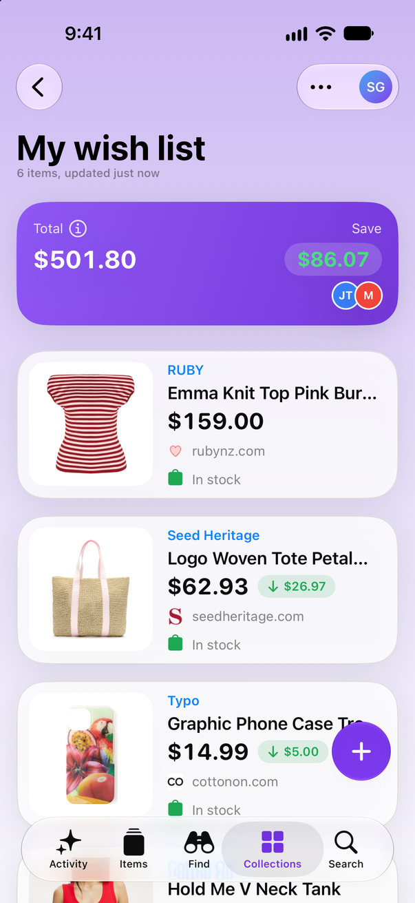 A wish list in Save Genie on iPhone, shared with two people: a RUBY knit top and a Seed Heritage woven tote, with $86.07 saved so far