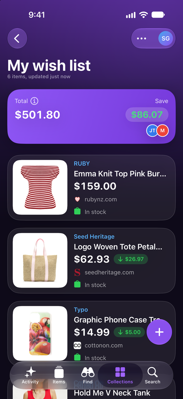 A wish list in Save Genie on iPhone, shared with two people: a RUBY knit top and a Seed Heritage woven tote, with $86.07 saved so far