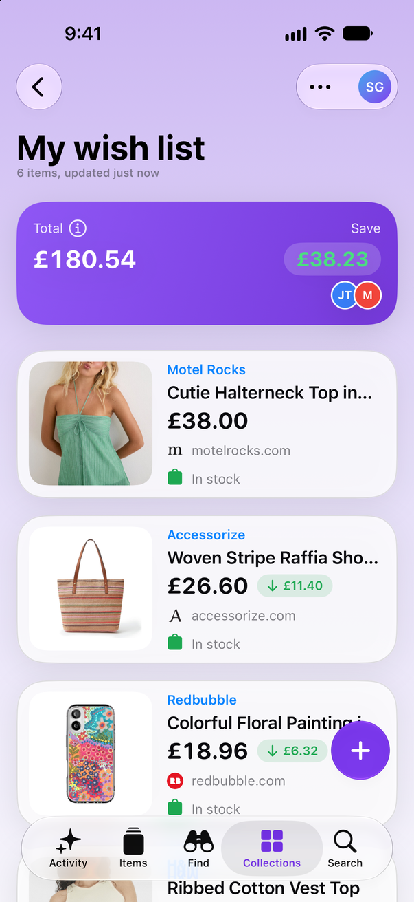 A wish list in Save Genie on iPhone, shared with two people: a Motel Rocks halterneck top and an Accessorize raffia shoulder bag, with £38.23 saved so far