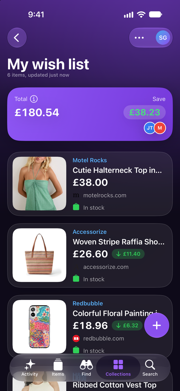 A wish list in Save Genie on iPhone, shared with two people: a Motel Rocks halterneck top and an Accessorize raffia shoulder bag, with £38.23 saved so far