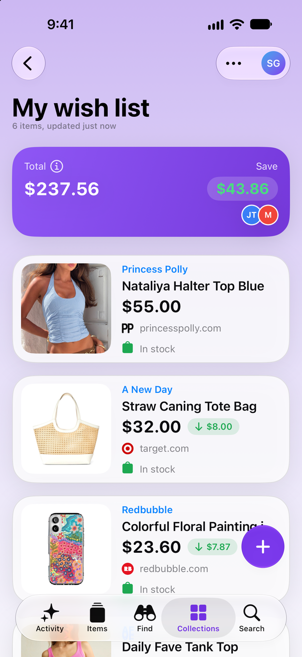 A wish list in Save Genie on iPhone, shared with two people: a Princess Polly halter top and a straw tote bag, with $43.86 saved so far