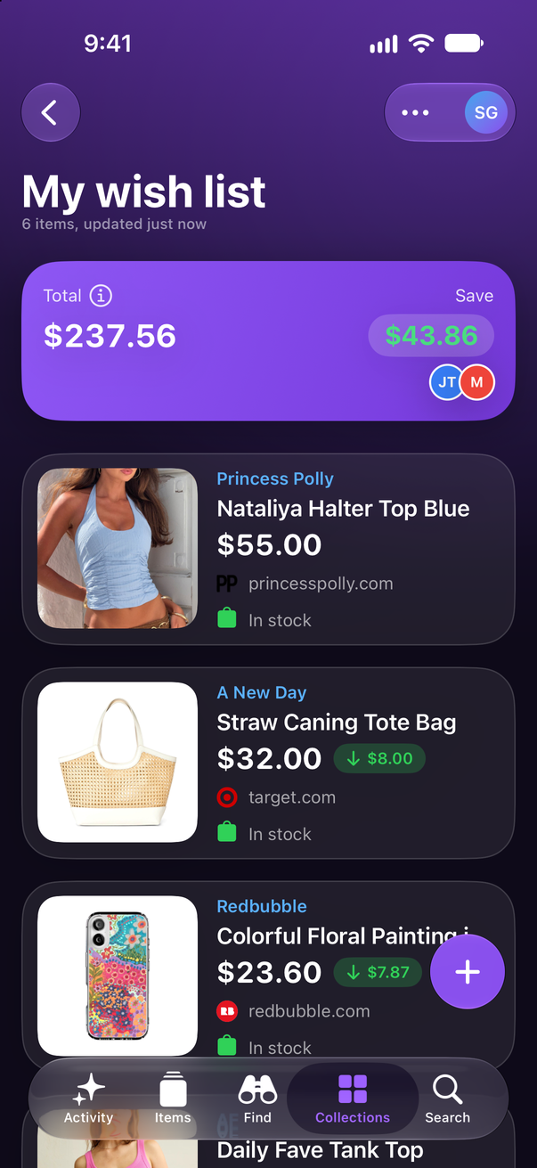 A wish list in Save Genie on iPhone, shared with two people: a Princess Polly halter top and a straw tote bag, with $43.86 saved so far