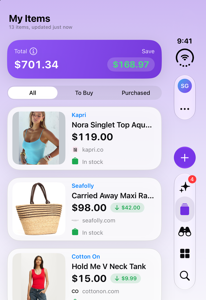 Save Genie's My Items on iPhone Duo, folded, with the running total and what's been saved