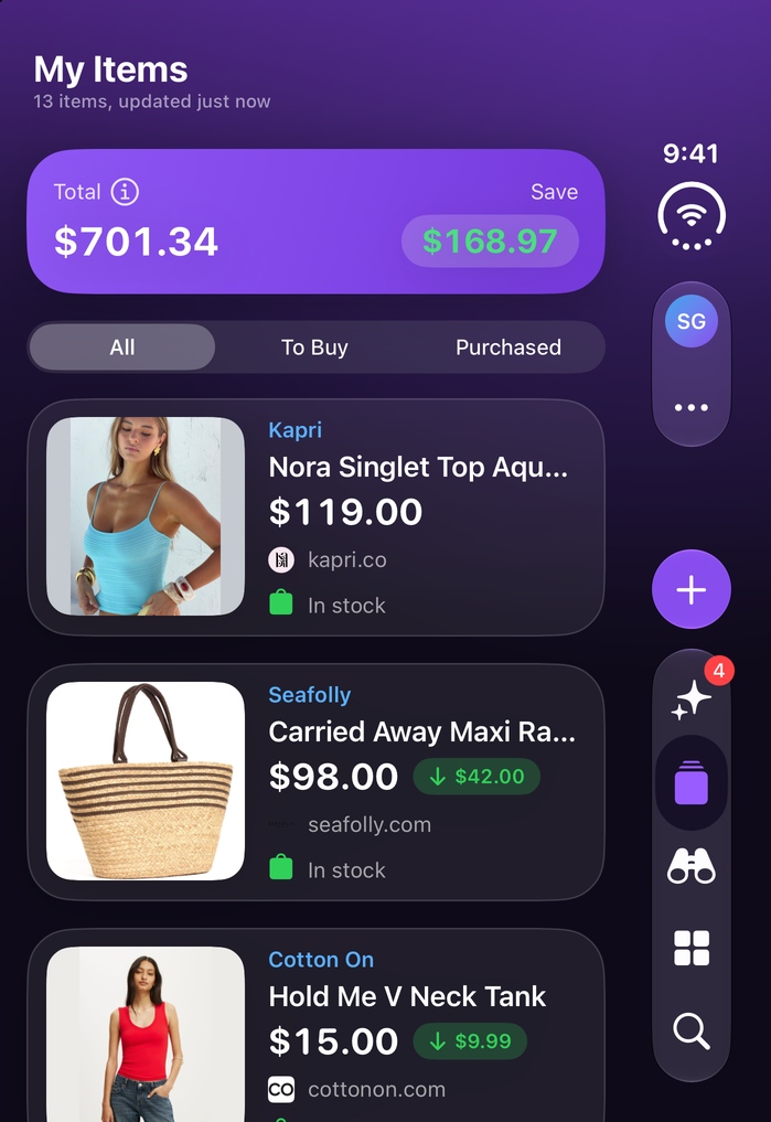 Save Genie's My Items on iPhone Duo, folded, with the running total and what's been saved