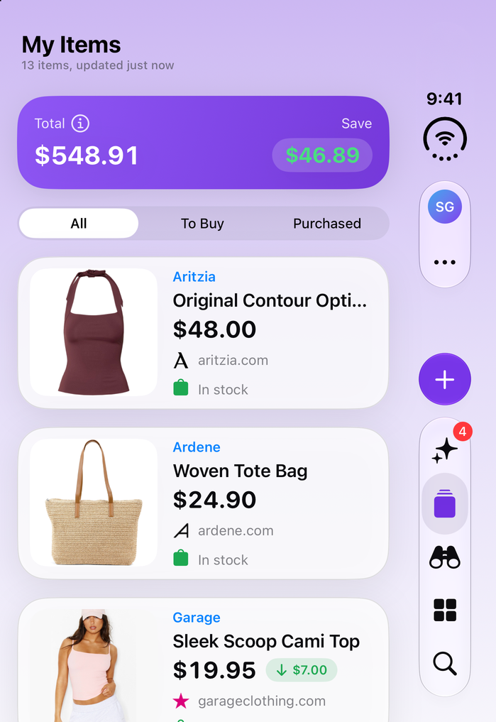 Save Genie's My Items on iPhone Duo, folded, with the running total and what's been saved