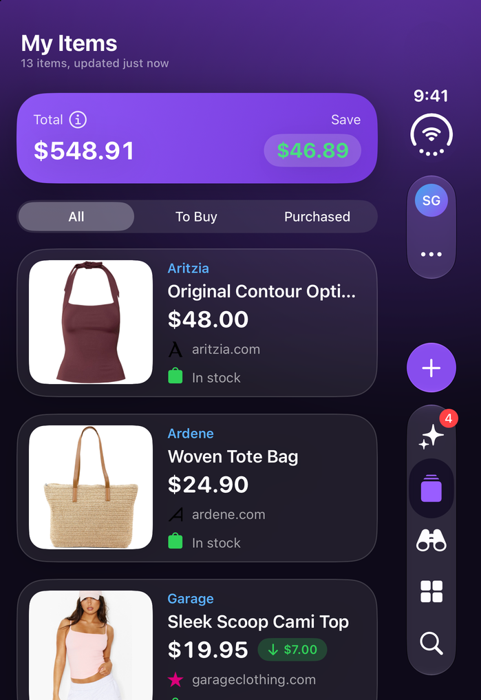Save Genie's My Items on iPhone Duo, folded, with the running total and what's been saved