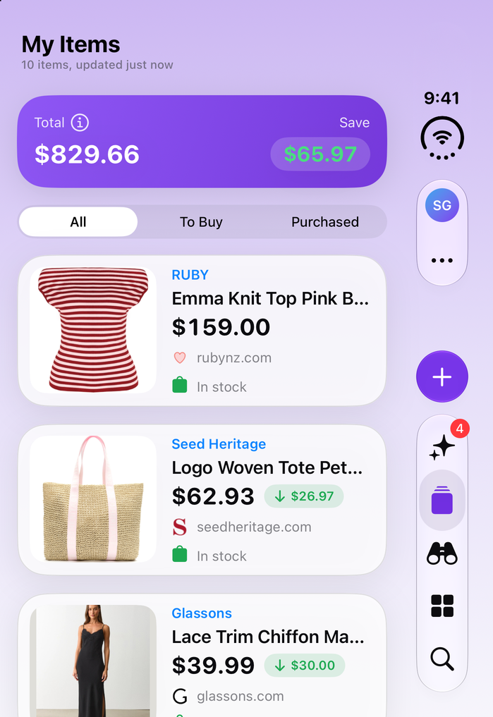 Save Genie's My Items on iPhone Duo, folded, with the running total and what's been saved
