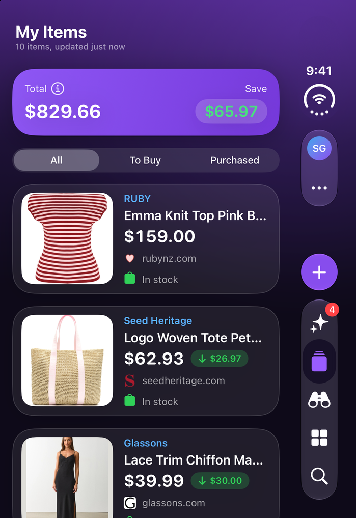 Save Genie's My Items on iPhone Duo, folded, with the running total and what's been saved