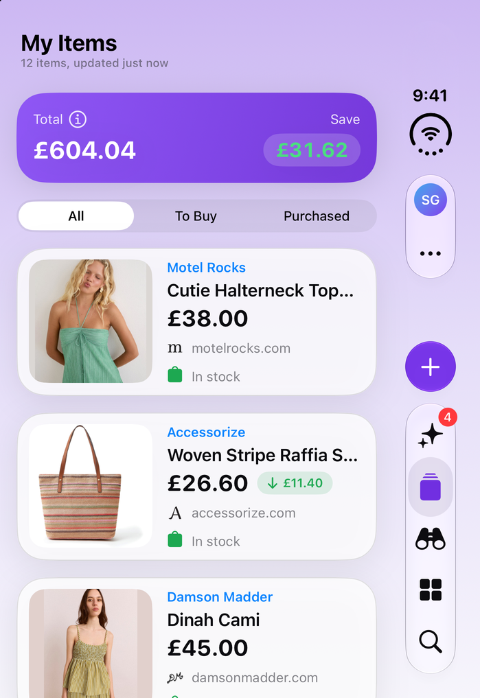 Save Genie's My Items on iPhone Duo, folded, with the running total and what's been saved