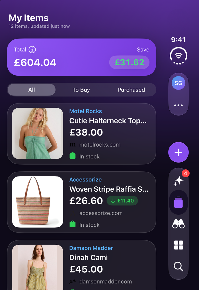 Save Genie's My Items on iPhone Duo, folded, with the running total and what's been saved
