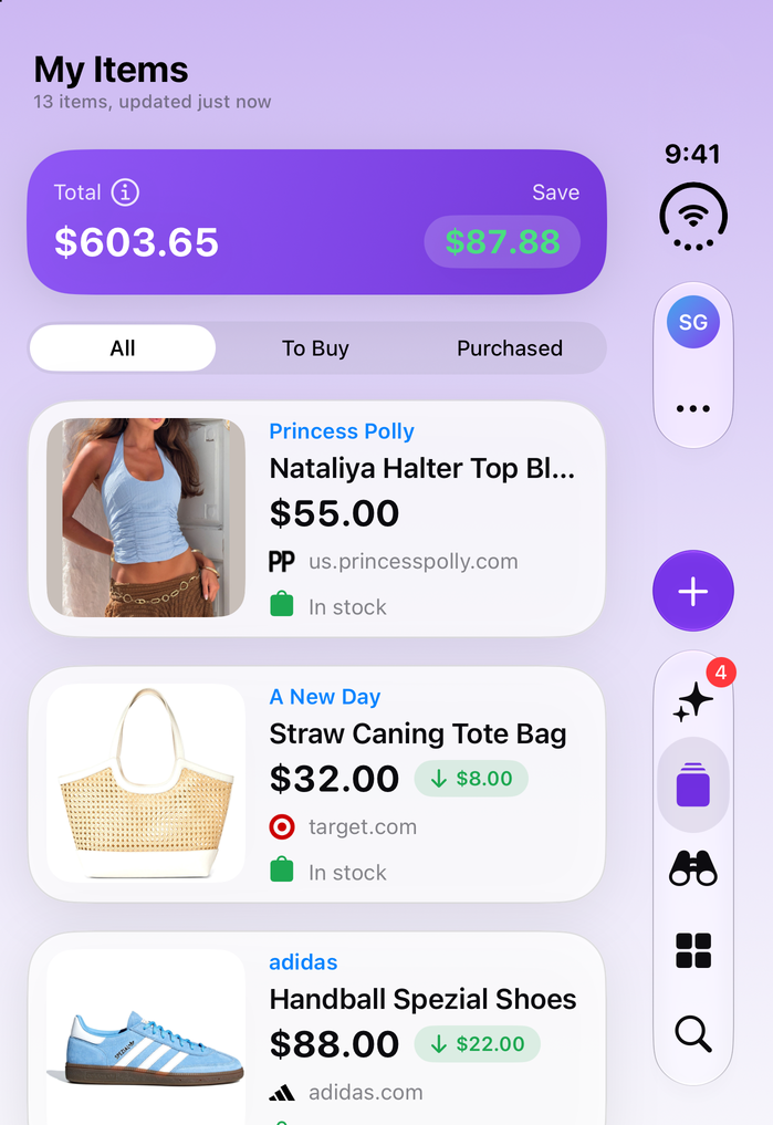 Save Genie's My Items on iPhone Duo, folded, with the running total and what's been saved